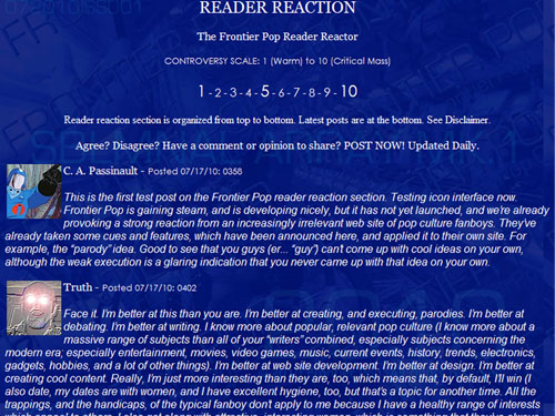 Frontier Pop reader reaction / reader reactor beta test screen, with test content.